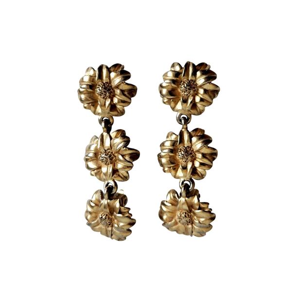 Erwin Pearl Vintage Gold-Plated Tiered Flower Dangle Earrings 2.5" - Picture 1 of 8